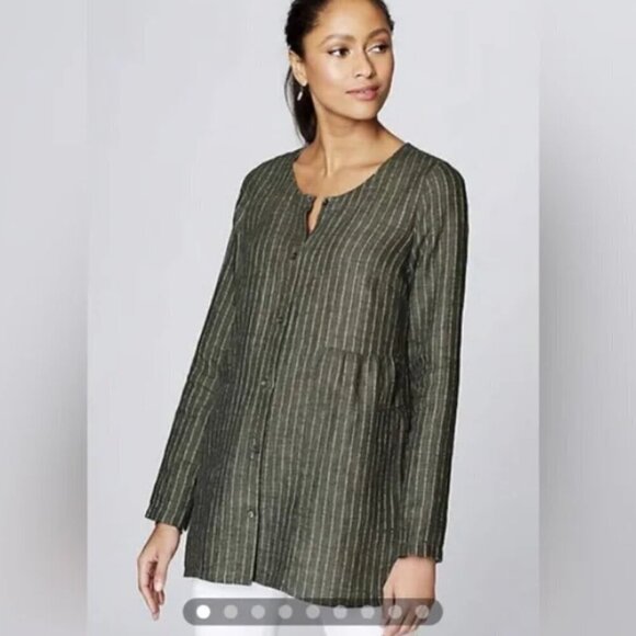 J. Jill Tops - J. Jill 'PureJill' Olive Green & Cream Striped Linen Button Down Tunic - Size XS